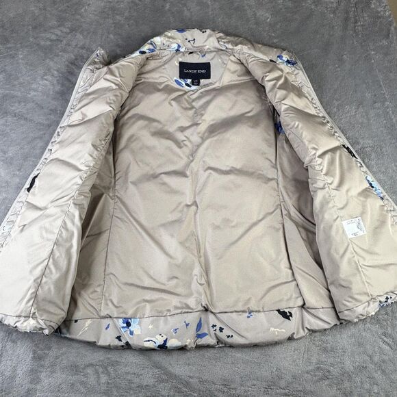 Lands' End Vest Womens Large Tall Floral Puffer Down Beige Blue Zip Pockets - Picture 2 of 13